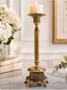 VTG Brass Candlestick Tall Ornate Paw Feet Column Victorian Hollywood Regency